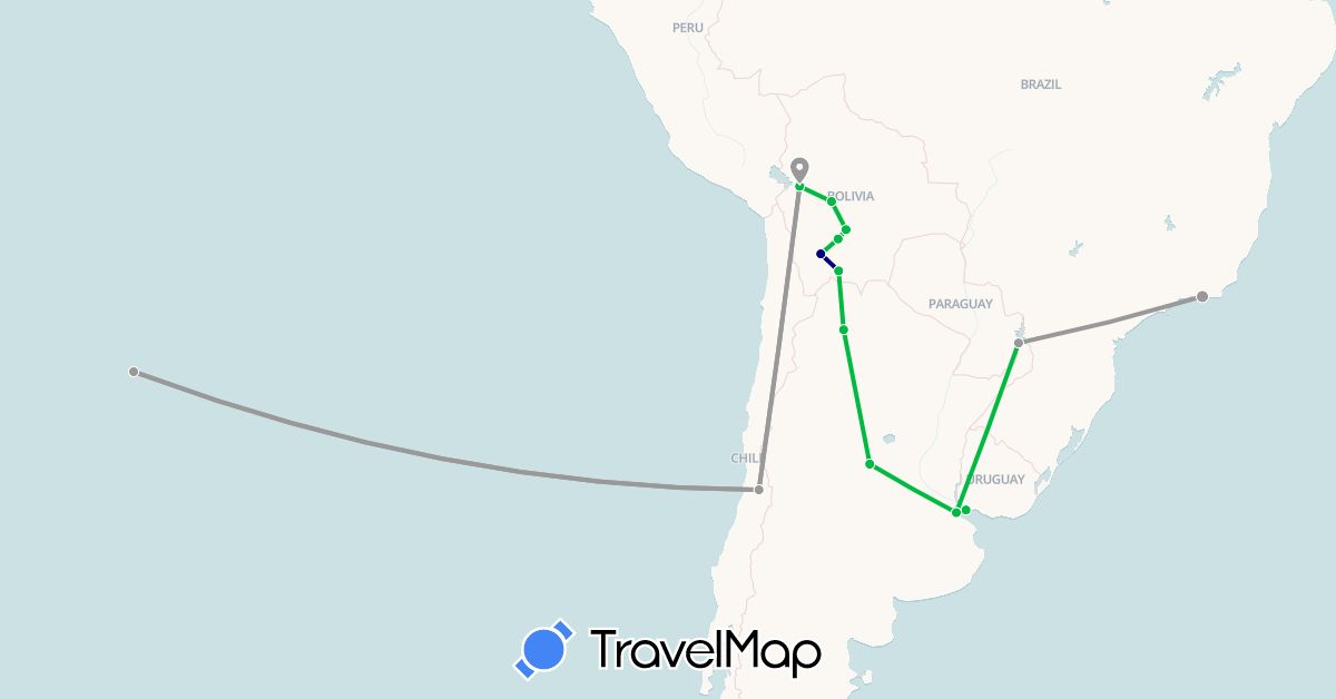 TravelMap itinerary: driving, bus, plane in Argentina, Bolivia, Brazil, Chile, Uruguay (South America)